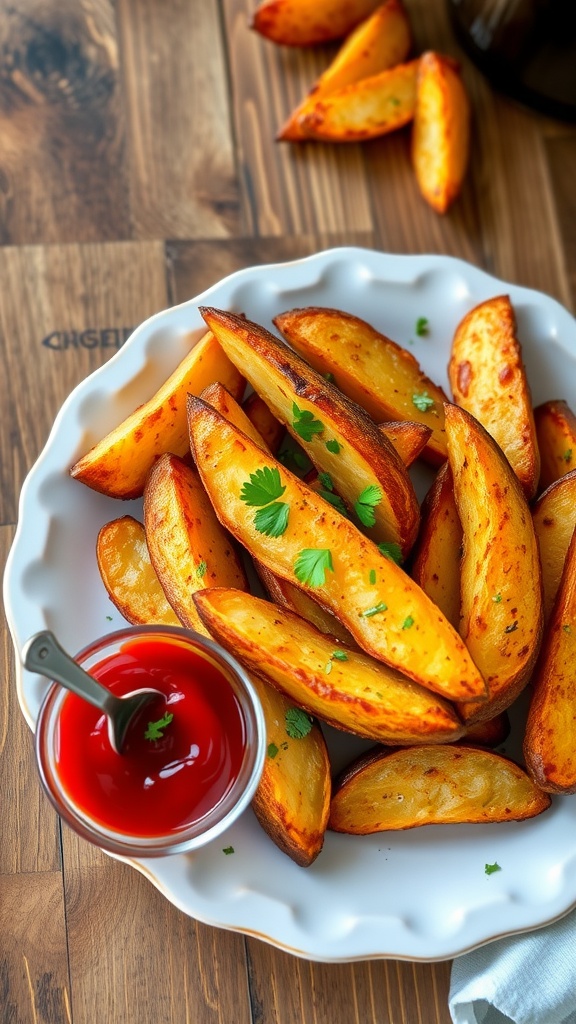 Crispy air fryer potato wedges garnished with parsley on a rustic wooden table with ketchup.